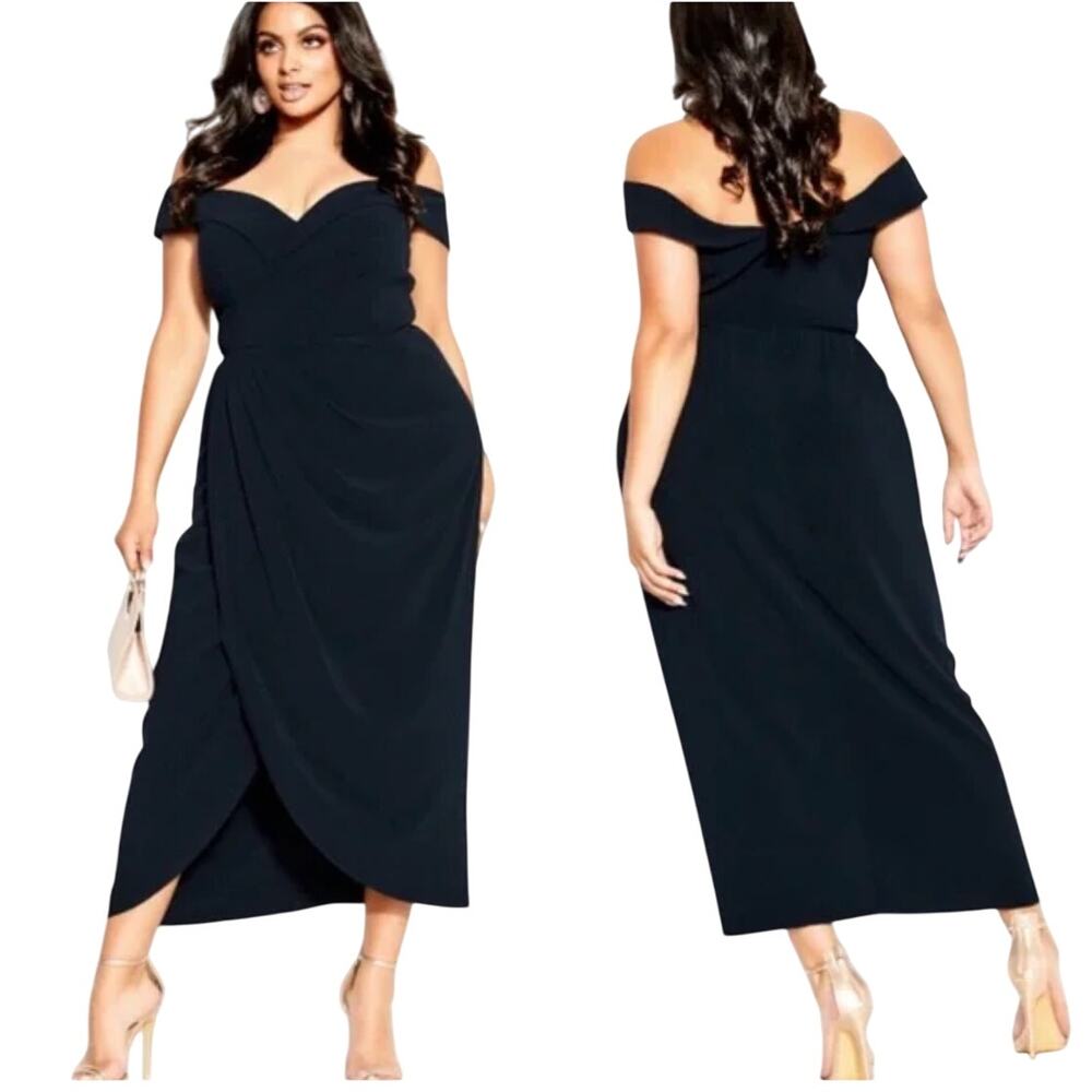 City Chic Ripple Love Maxi Dress Off Shoulder Cocktail Tulip Hem Navy NEW 24W